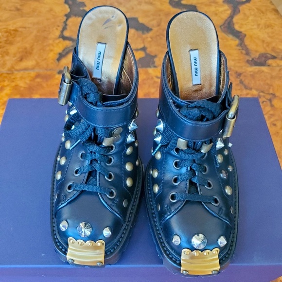 NWT MIU MIU by PRADA Studded Black Leather Mules - Picture 9 of 11